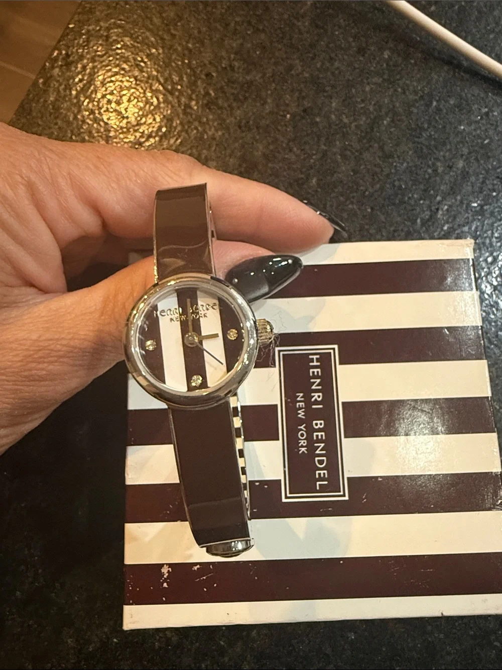 henri bendel Brown Patent Bangle Watch with Silver Accents